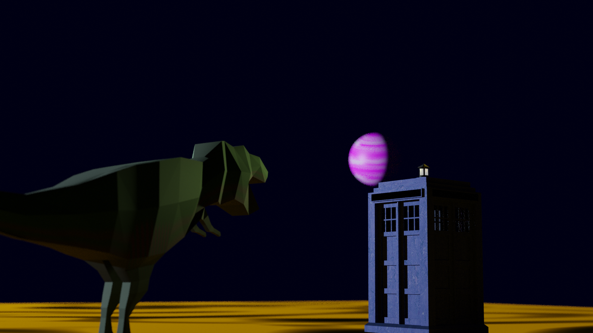 Low-poly T-Rex and TARDIS scene